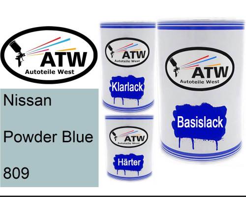 Nissan, Powder Blue, 809: 500ml Lackdose + 500ml Klarlack + 250ml Härter - Set, von ATW Autoteile West.